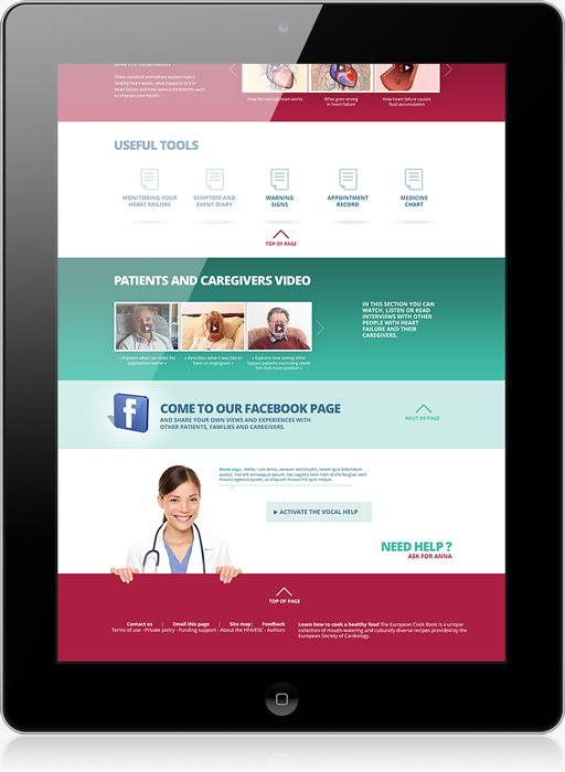 Une tablette affiche un site web à thème médical créé par une agence web à Nice, avec des outils utiles, des vidéos de patients et d'aidants, un lien vers une page Facebook, et une femme médecin souriante en bas de page offrant son aide.