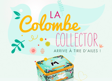 Illustration d'une colombe bleu clair avec "La Colombe Collector" en caractères colorés. En dessous, une boîte décorative en fer blanc de couleur pastel est représentée. Des éléments floraux et des feuilles, inspirés du webmarketing, occupent l'arrière-plan. Le texte français indique "arrive à tire d'ailes !".