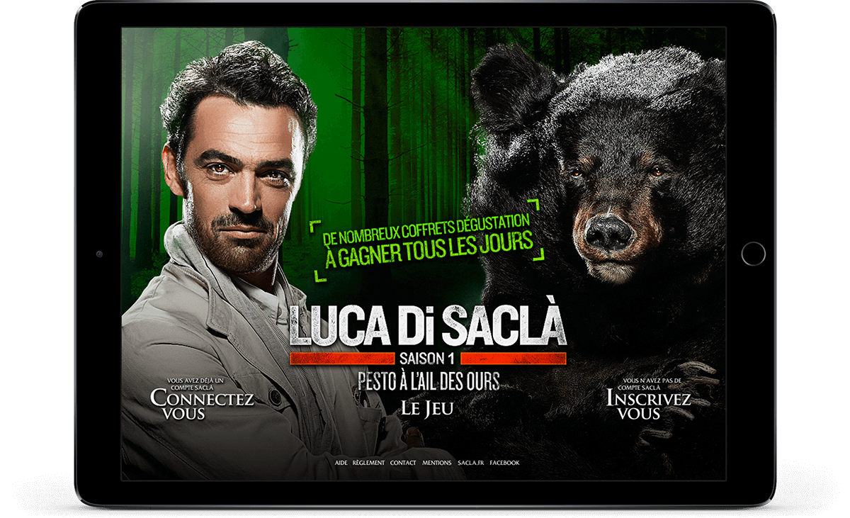 L'écran d'une tablette affiche un homme en veste blanche à côté d'un ours noir dans une forêt. Un texte en français promeut "Luca Di Sacla Saison 1 : Pesto à l'ail des ours" et invite les utilisateurs à se connecter, à jouer et à participer à ce concours marketing viral.