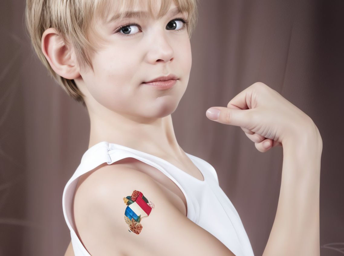 Un jeune garçon vêtu d'un débardeur blanc fléchit le bras, montrant fièrement un tatouage temporaire représentant un drapeau, clin d'œil ludique au marketing territorial et à la stratégie de marque. L'arrière-plan neutre et flou maintient l'attention sur le garçon et son tatouage symbolique.