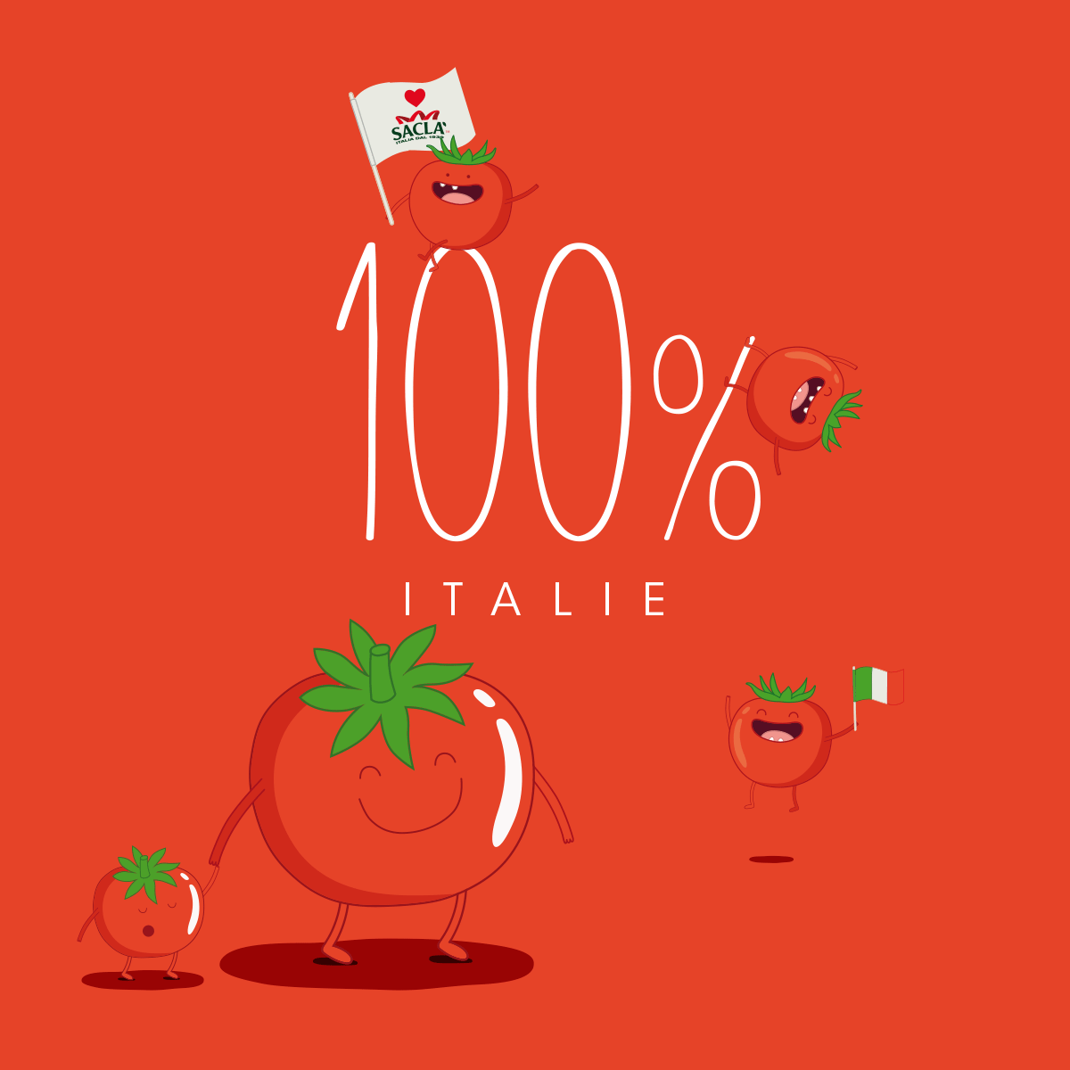 Quatre tomates de dessin animé souriantes entourent le texte blanc "100% ITALIE" sur fond rouge. Une tomate, parfaite pour les thèmes de gestion communautaire, tient un drapeau italien, une autre un drapeau "SACLA", tandis que deux autres sont debout sur le sol.