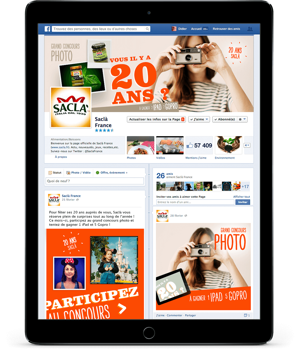 Un iPad affiche la page Facebook de Sacla France, qui propose un concours photo viral avec des images d'une femme prenant une photo, des pots de produits Sacla et des prix tels qu'un iPad et une GoPro. La page est en français.