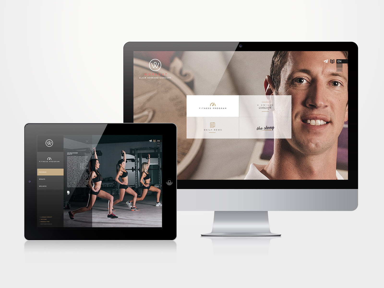 Un écran d'ordinateur affiche un site web avec un gros plan du visage d'un homme et des options de menu, tandis qu'une tablette montre trois femmes en train de faire de l'exercice - soulignant l'adaptabilité du site et l'impact de la création charte graphique et logo sur son identité visuelle.