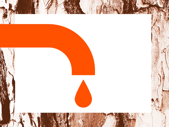Un robinet orange avec une goutte unique est suspendu au-dessus d'un rectangle blanc, sur un fond texturé brun et beige ressemblant à une écorce, rappelant l'esthétique des communiqués de presse.