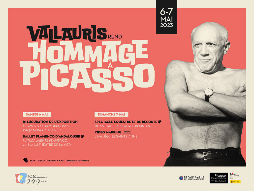 Publicité créative : Affiche pour un événement en hommage à Picasso à Vallauris les 6 et 7 mai 2023, avec un Picasso torse nu, l'horaire de l'événement et les logos des sponsors en bas.