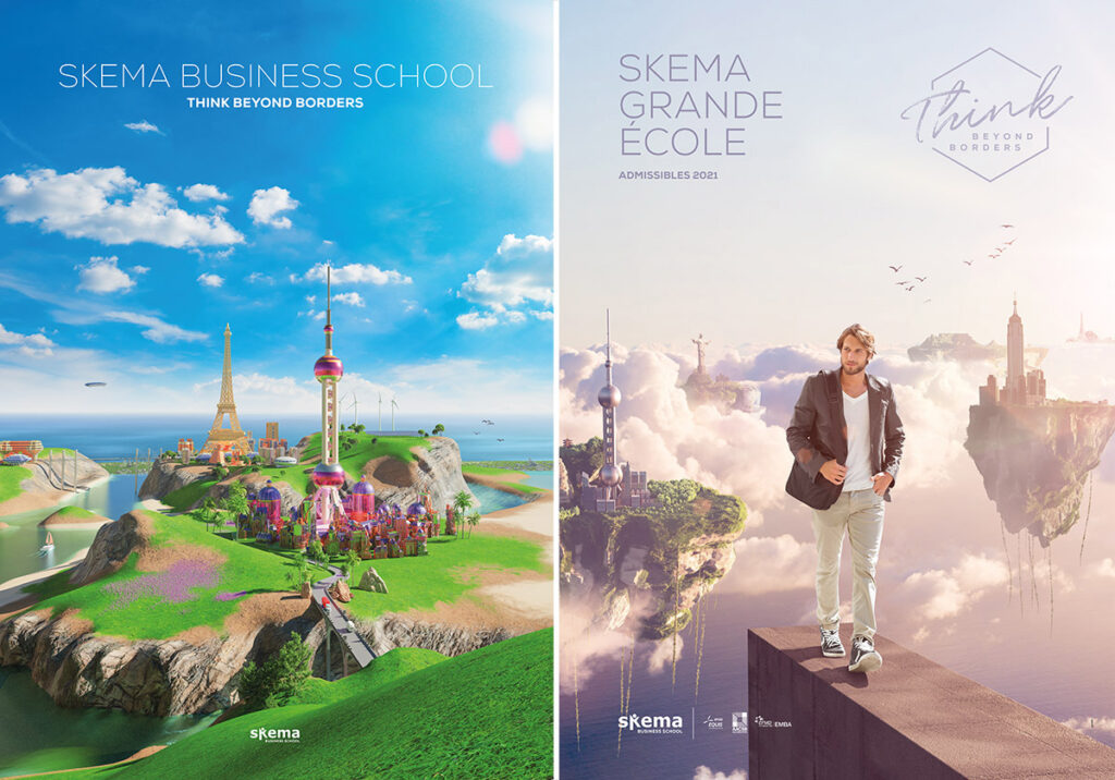 Deux affiches pour SKEMA Business School illustrent la publicité créative : à gauche, un paysage urbain coloré et futuriste avec la Tour Eiffel ; à droite, un homme confiant debout sur une haute corniche au-dessus d'une ville brumeuse et éthérée.