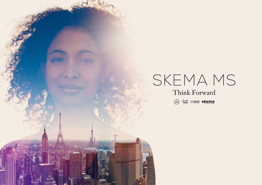 Le visage d'une jeune femme est superposé à un paysage urbain avec la Tour Eiffel, mêlant son image aux bâtiments de Paris dans une publicité créative. Le texte indique "SKEMA MS Think Forward" sur un fond clair.