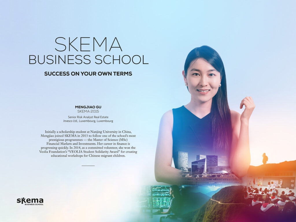 Une affiche de la SKEMA Business School représente Mengjiao Gu, une diplômée, avec sa photo, un paysage urbain et un public lors d'une présentation. Le texte met en évidence ses réalisations dans le domaine de la création de pubs et une citation sur la réussite professionnelle. Le logo de SKEMA se trouve en bas.