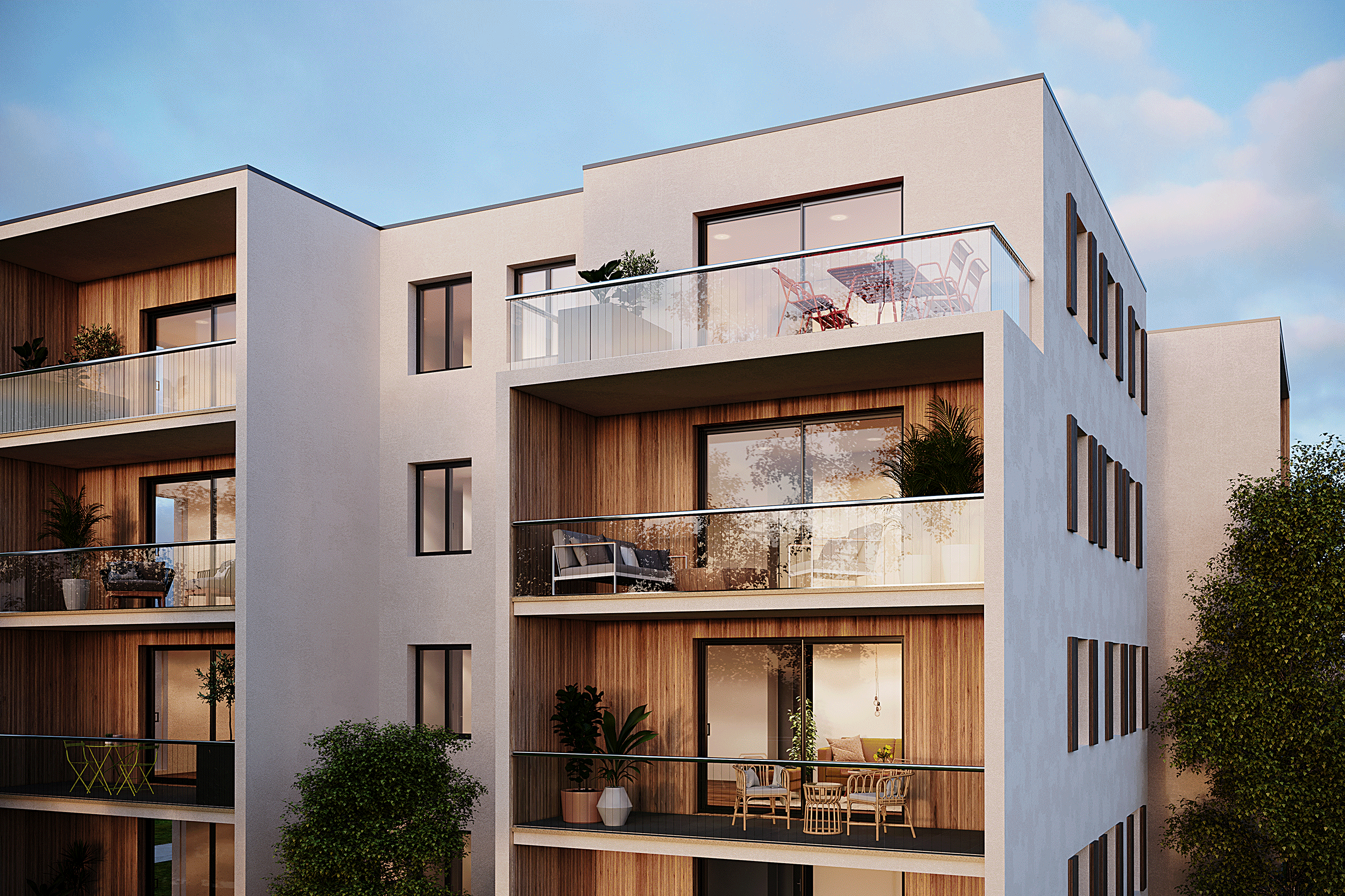 Immeuble d'appartements moderne avec de grands balcons en verre, des panneaux de bois et des meubles d'extérieur. La scène, représentée dans de superbes images 3D, est bien éclairée par la lumière du jour et des arbres sont visibles au premier plan.
