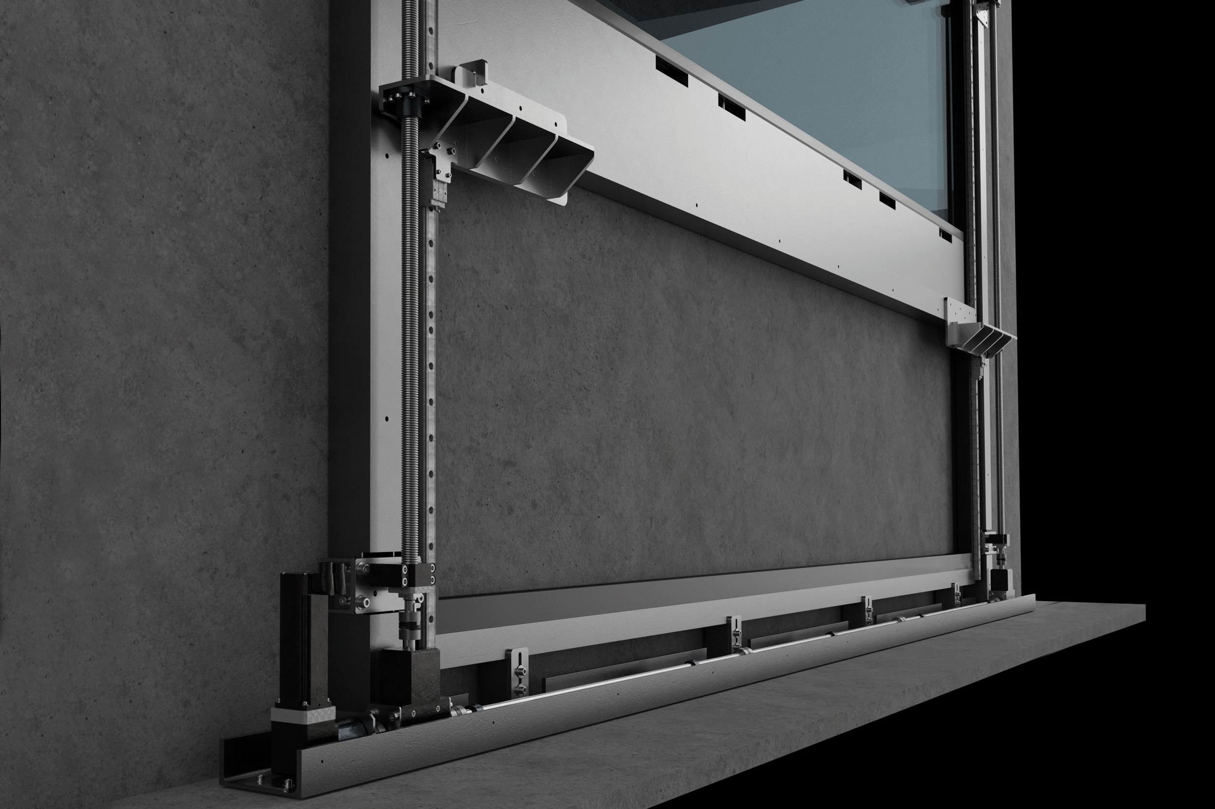 Vue rapprochée d'un mécanisme industriel moderne de fenêtre coulissante installé dans un mur en béton, montrant des rails métalliques, des boulons et une partie d'un panneau de fenêtre en verre - idéal pour créer des visualisations 3D d'images réalistes.