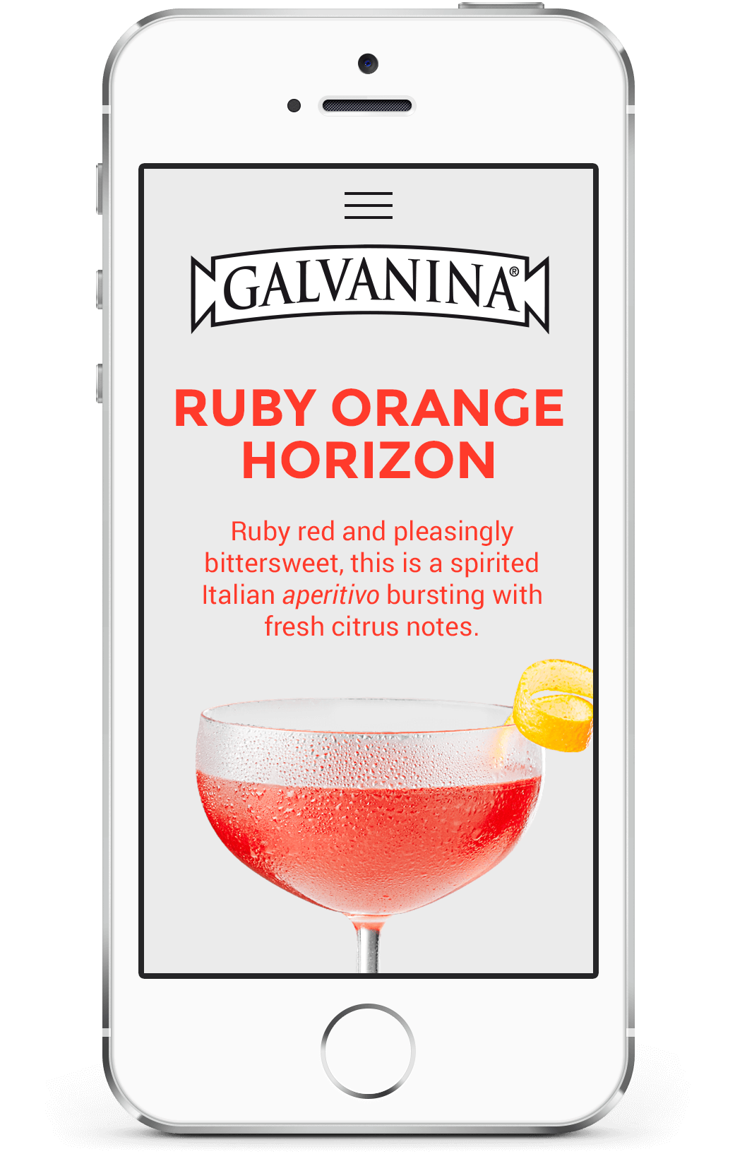 Un iPhone affiche une publicité « Galvanina Ruby Orange Horizon » au milieu de votre planification numérique de site de création Internet. La boisson rouge vif, ornée d'une peau d'orange, est présentée comme un apéritif italien énergique aux notes d'agrumes fraîches.