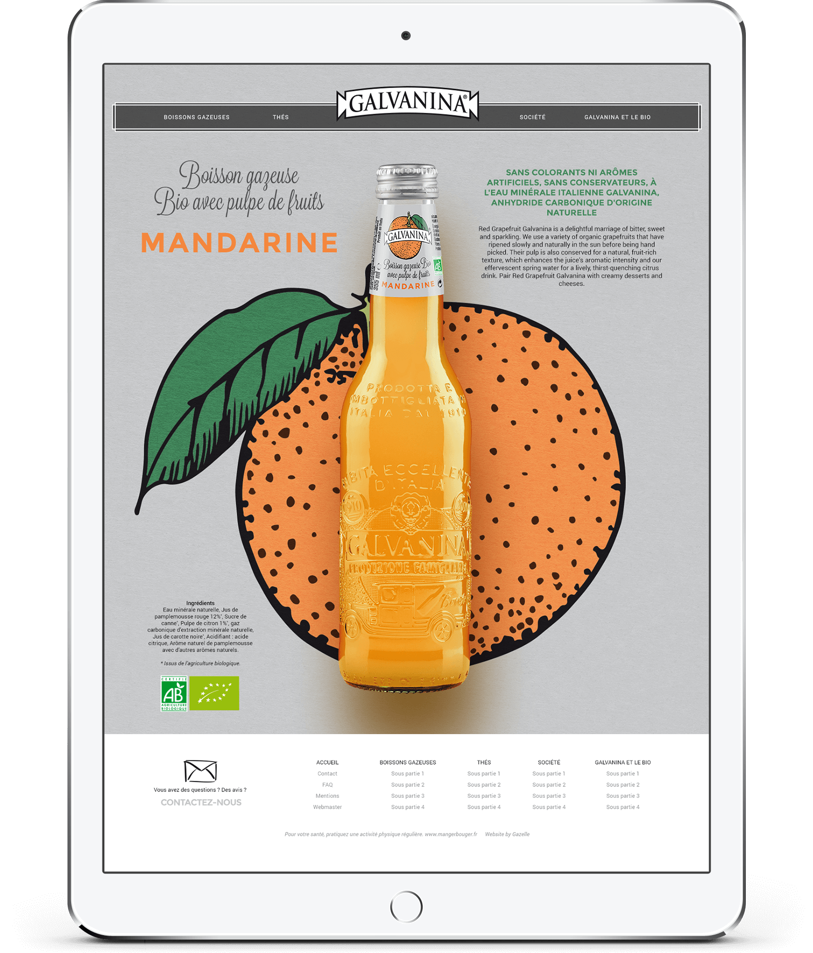 Une tablette affiche une publicité pour la boisson à base de pulpe de mandarine biologique Galvanina, accompagnée d'une illustration élégante d'une mandarine. Le design accrocheur met en valeur la certification biologique et les ingrédients naturels de la boisson, rappelant un site Internet de création bien conçu.