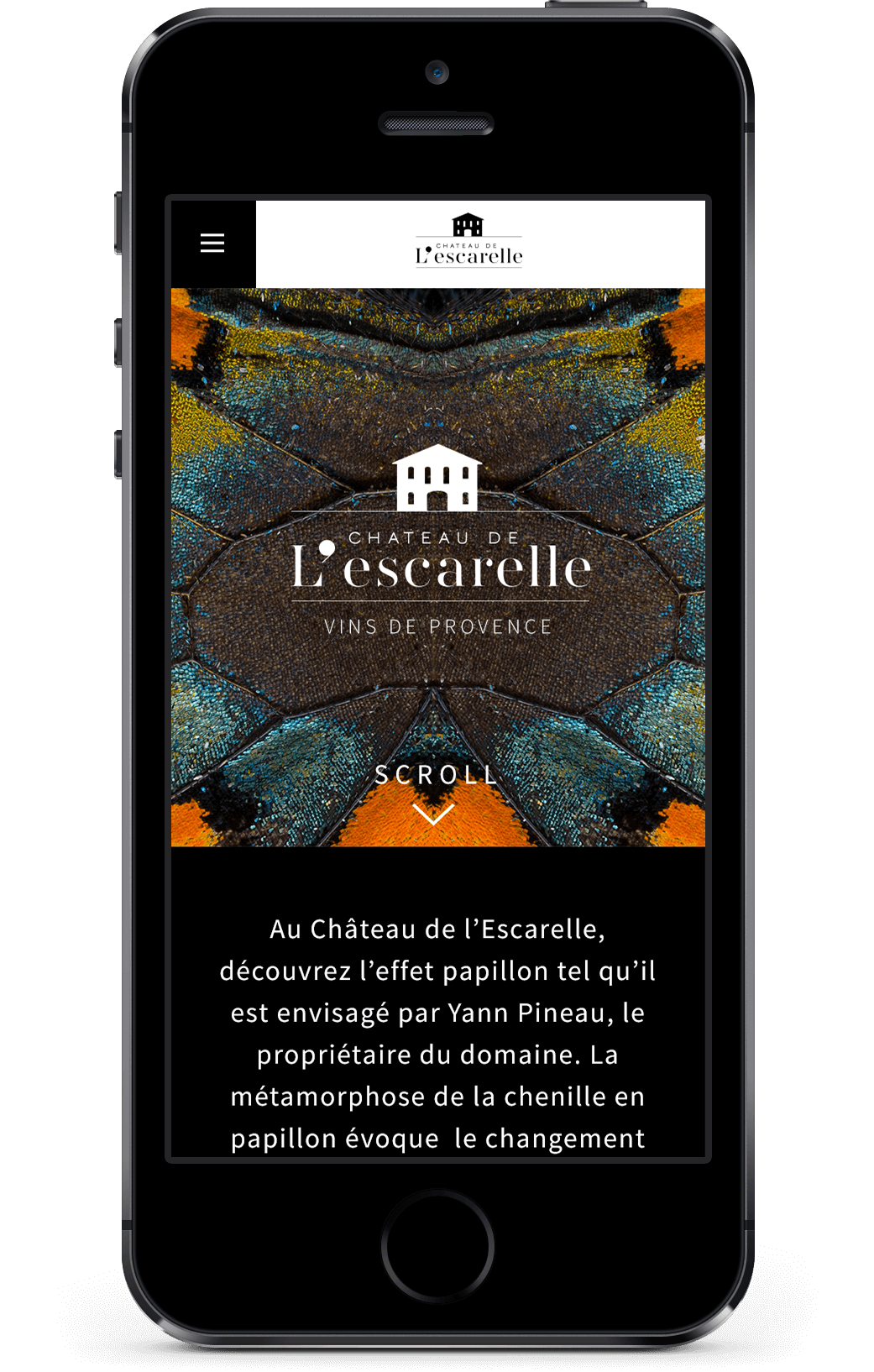 Un smartphone affiche un site Internet de création du Château de l’Escarelle, avec en arrière-plan un gros plan d’ailes de papillon. Le texte indique « Découvrez l’effet papillon », avec des détails supplémentaires sur le domaine et son propriétaire, Yann Pineau.