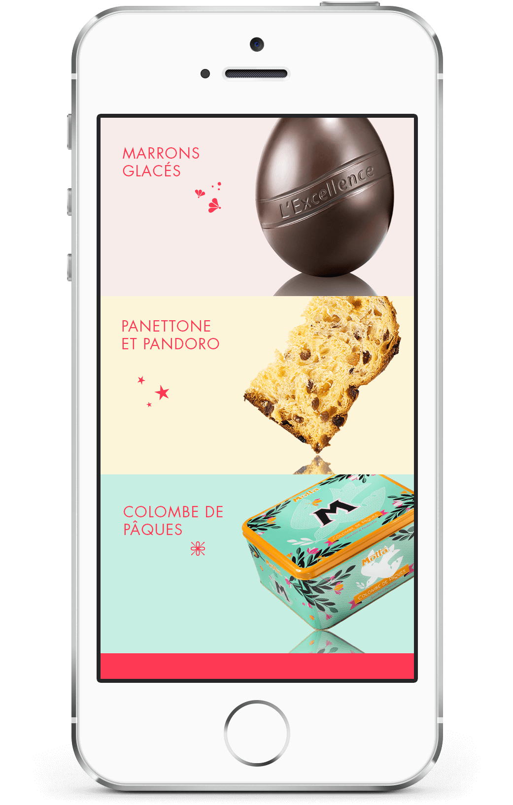 Un écran de téléphone affiche des images de confiseries : un œuf en chocolat étiqueté « Marrons Glacés », une tranche de panettone étiquetée « Panettone et Pandoro » et une boîte décorée étiquetée « Colombe de Pâques », chacune élégamment présentée sur votre site de création internet.