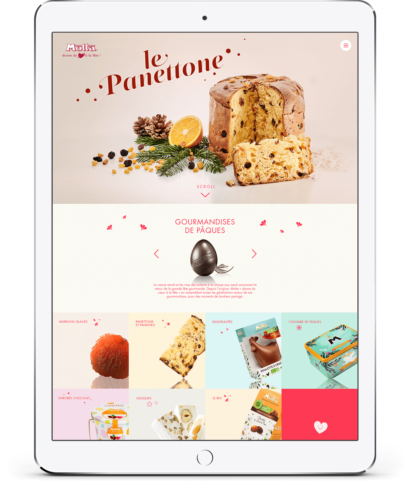 Une tablette présentant un site Internet de création affiche un site Web avec une grande image de panettone tranché étiqueté « le Panettone ». En dessous, des sections présentent des images de produits comme des chocolats et des pâtisseries dans des emballages colorés, offrant un design festif et invitant.