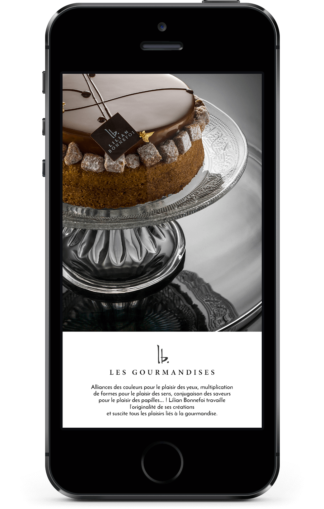 Un écran de smartphone présente un gâteau au chocolat avec un glaçage lisse et des bords décoratifs sur un support en verre. Ci-dessous, un texte de « Les Gourmandises » souligne leur dévouement à la création de pâtisseries et à l'évocation de la gourmandise, semblable à la conception d'un exquis « site de création internet ».