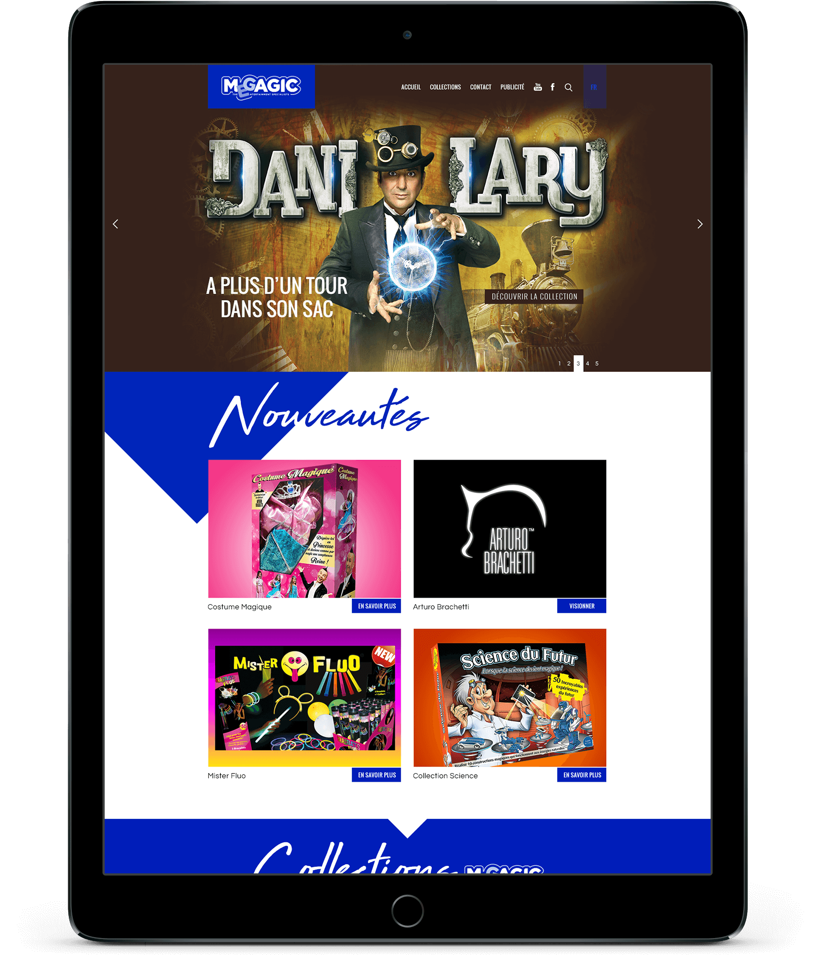 Tablette affichant la page d'accueil d'un site de création internet sur le thème de la magie avec le magicien Dani Lary, une section "Nouveautés" avec quatre images de produits magiques, et un design moderne bleu et blanc.