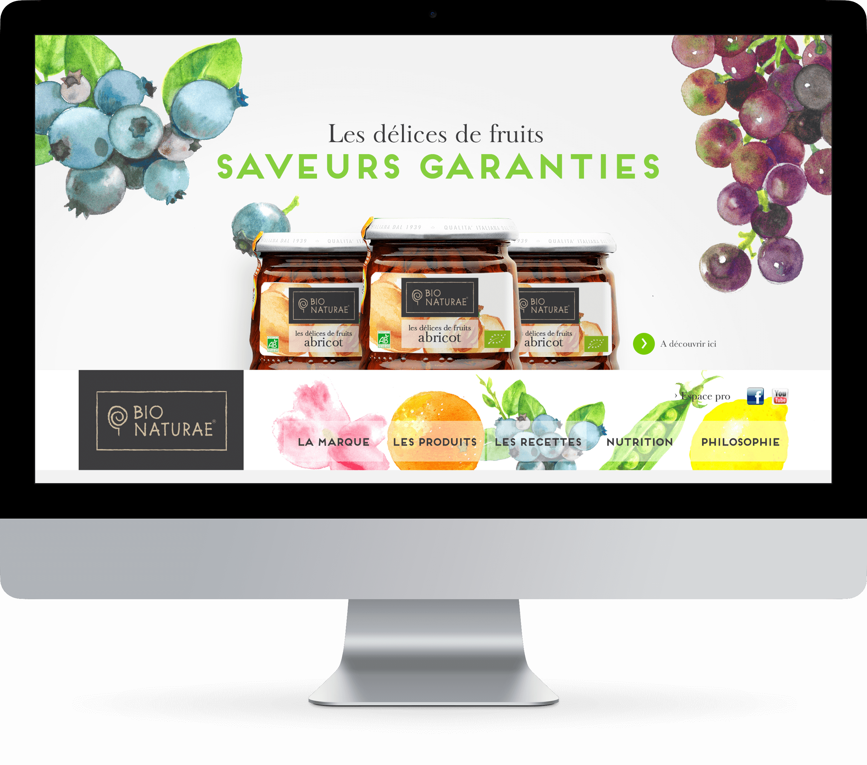 Un écran d'ordinateur affiche un site de création Internet pour Bio Naturae, avec des pots de confiture d'abricot, des illustrations de fruits à l'aquarelle et un texte en français promouvant les arômes garantis et les produits naturels.