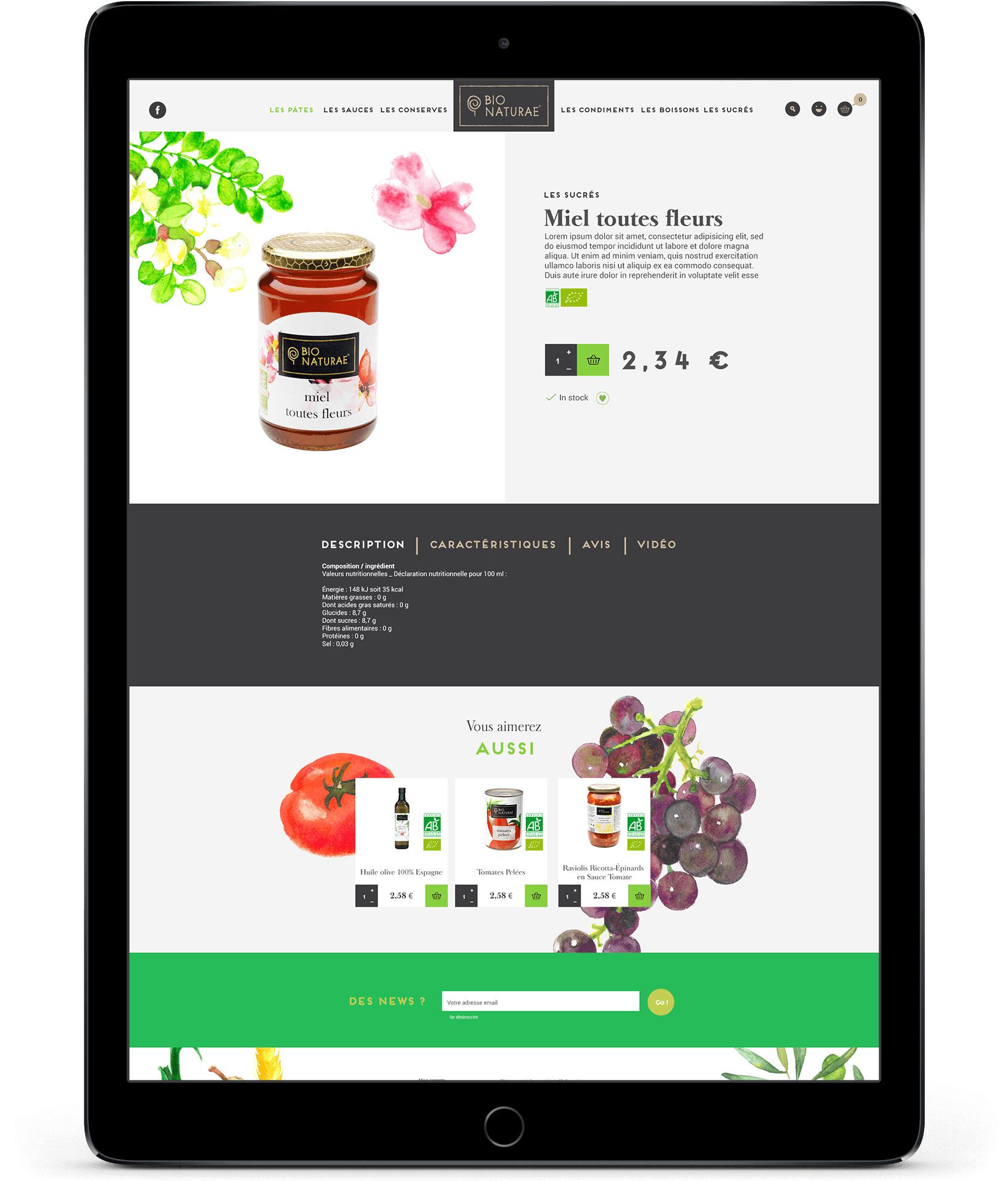 Une tablette présente un site de création internet pour le miel "Miel toutes fleurs", avec une image de pot, des détails sur le produit, le prix, un bouton d'achat vert, et des illustrations vivantes de fleurs, de tomates et de raisins sur un fond blanc.