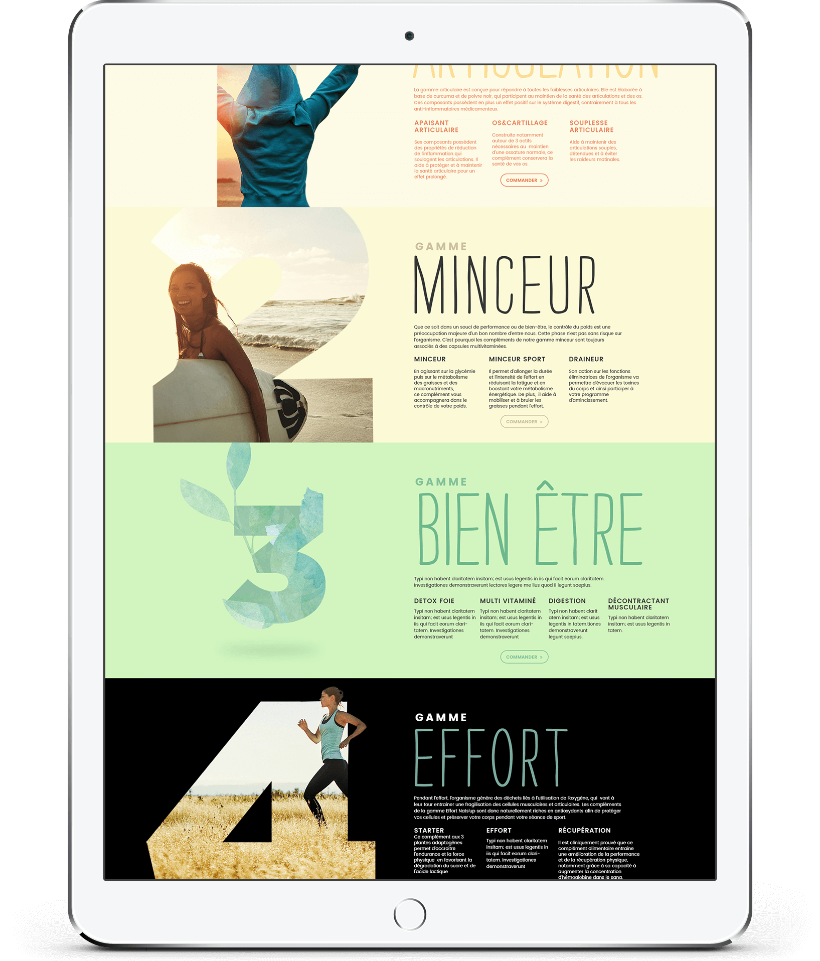 Un iPad affiche un site internet de création coloré avec quatre sections horizontales, chacune comportant des chiffres, des titres en français et des images de personnes actives - mettant en valeur l'articulation, la minceur, le bien-être et l'effort.