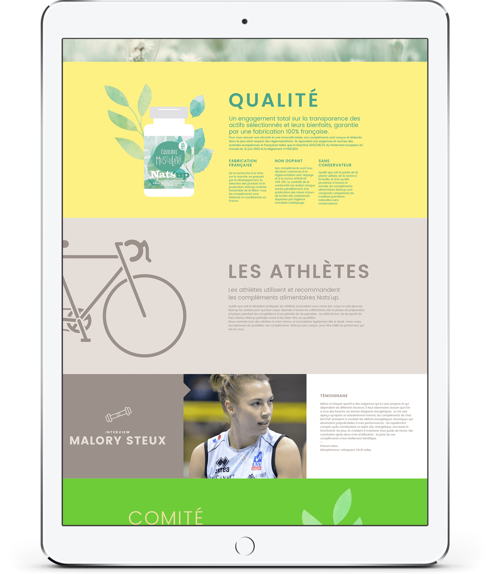 Un iPad affiche une page web de création site internet en français, avec une bouteille de supplément, un graphique de vélo et une joueuse de volley-ball. La mise en page utilise des tons verts, jaunes et gris avec des sections sur la qualité, les athlètes et un comité.