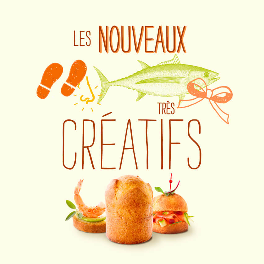 Illustration avec le texte français "Les nouveaux très créatifs". Ludique et artistique, elle présente des empreintes de pieds orange, un ruban et des sandwichs créatifs à base de pain - parfaits pour les visuels de Community Management.