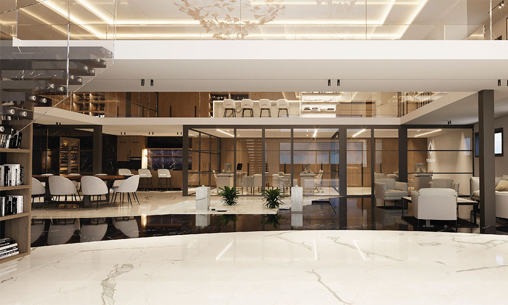 Un intérieur moderne et spacieux avec des sols en marbre, des murs en verre et un mobilier contemporain, parfait pour une agence de communication b2b. À l'étage, il y a une salle à manger ; au rez-de-chaussée, il y a des sièges, des étagères, des plantes décoratives et un éclairage chaleureux.