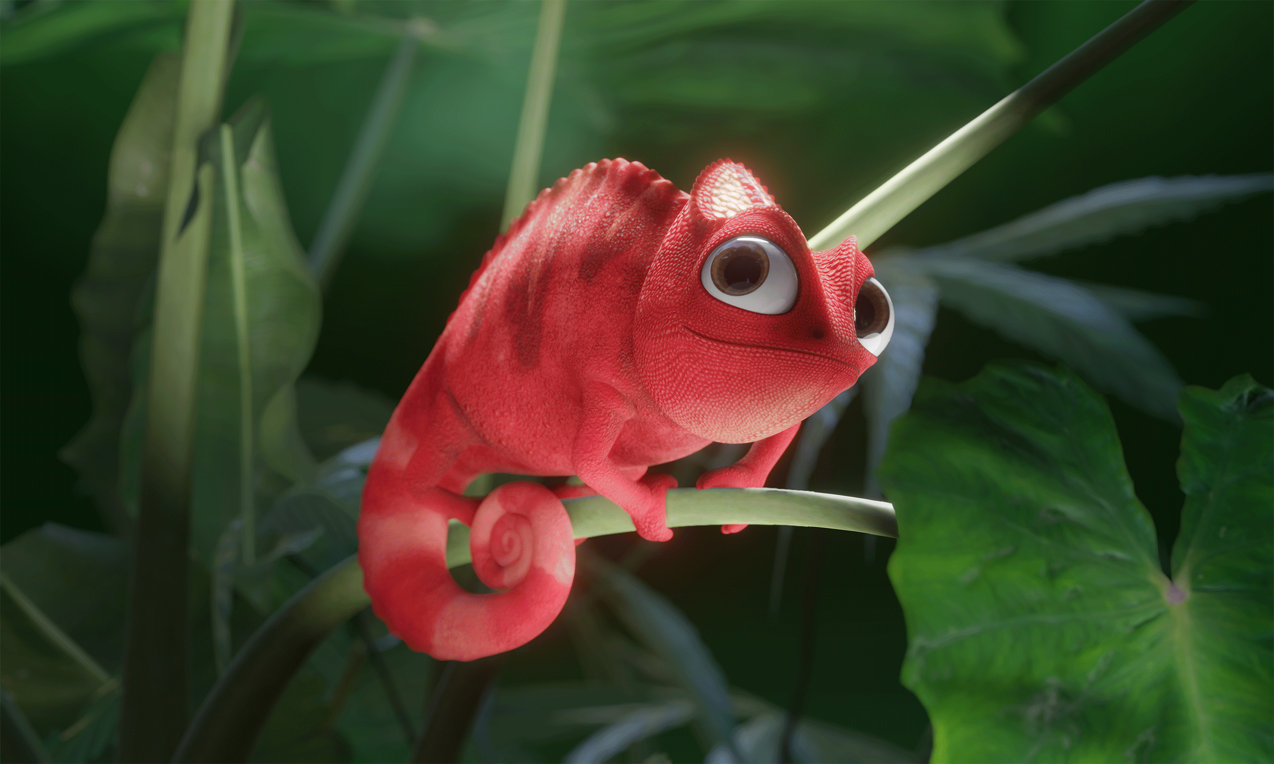Un caméléon mascotte en 3D rouge vif aux grands yeux expressifs est perché sur une tige verte au milieu de feuilles tropicales luxuriantes, éclairé par une lumière douce dans un environnement de jungle.