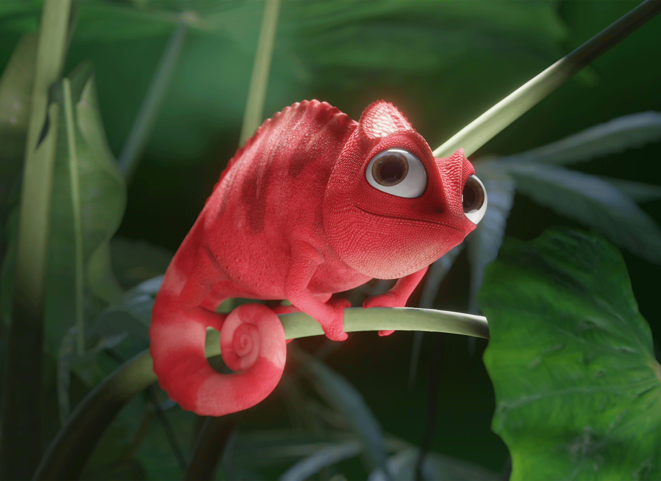 Un caméléon mascotte en 3D de couleur rouge vif avec de grands yeux est perché sur une branche verte, entouré de feuilles tropicales luxuriantes et d'un arrière-plan vert légèrement flou.