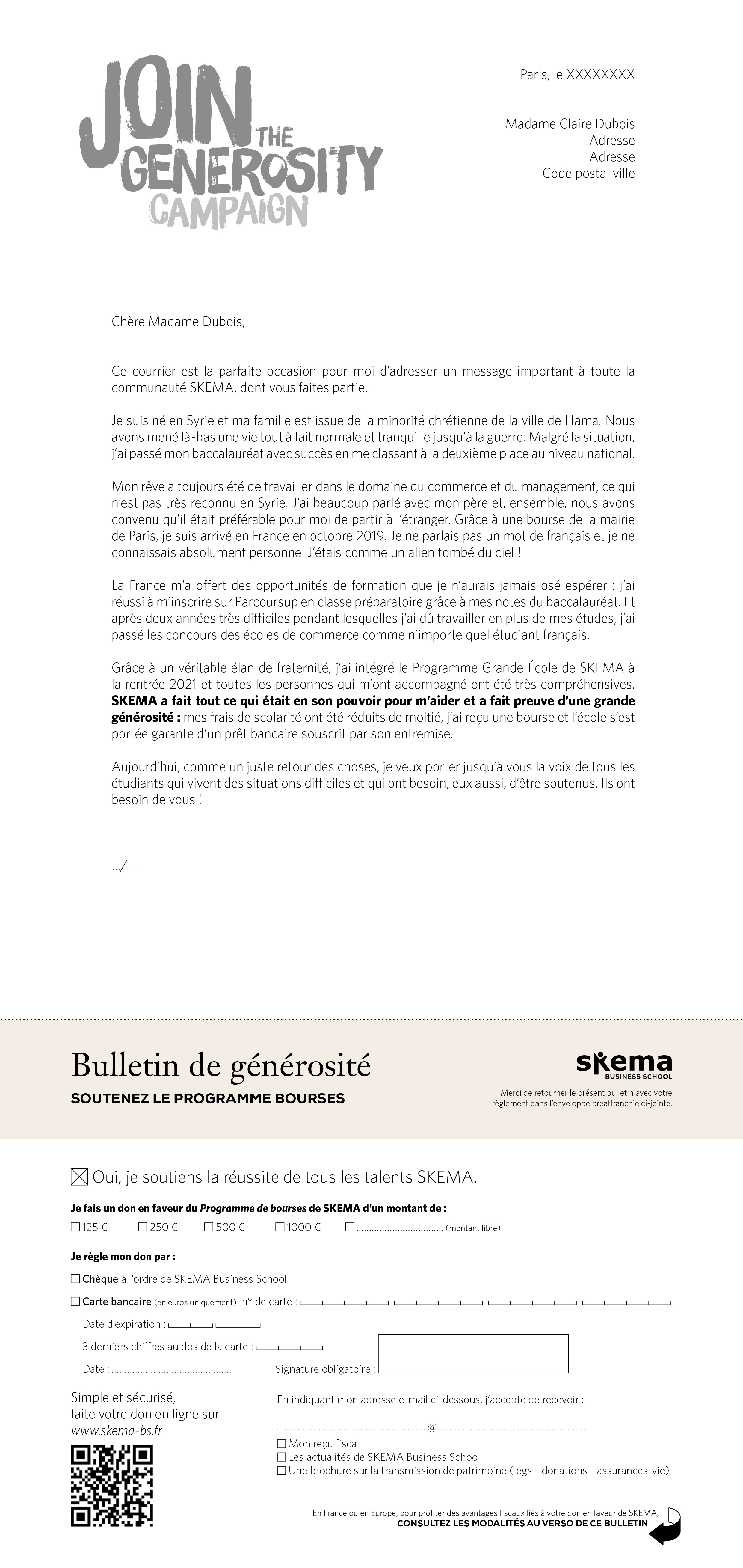 Une lettre en français sur papier à en-tête de SKEMA Business School intitulée "Rejoignez la campagne de générosité", comportant un appel à soutenir les réfugiés syriens par le biais de Communication mécénat et un formulaire de don détachable en bas de page.