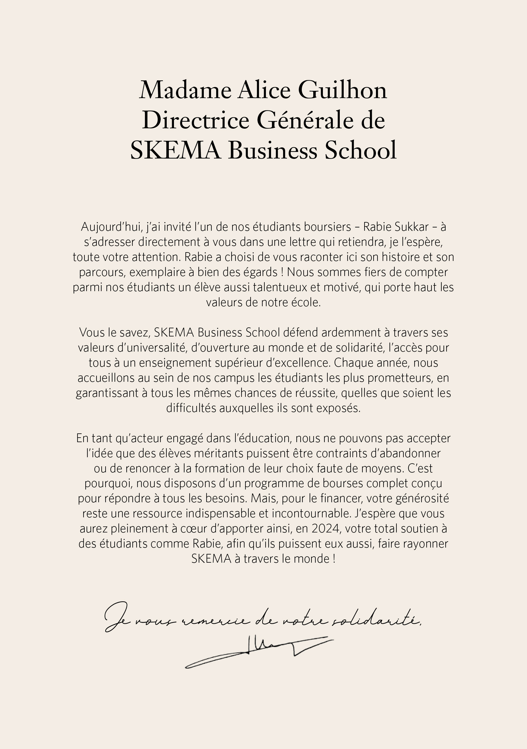 Une lettre en français de Madame Alice Guilhon, directrice générale de SKEMA Business School, saluant la résilience et l'histoire inspirante de Rabie Sukkar, tout en soulignant les valeurs d'inclusion et d'opportunité à travers les initiatives de Communication mécénat de SKEMA.