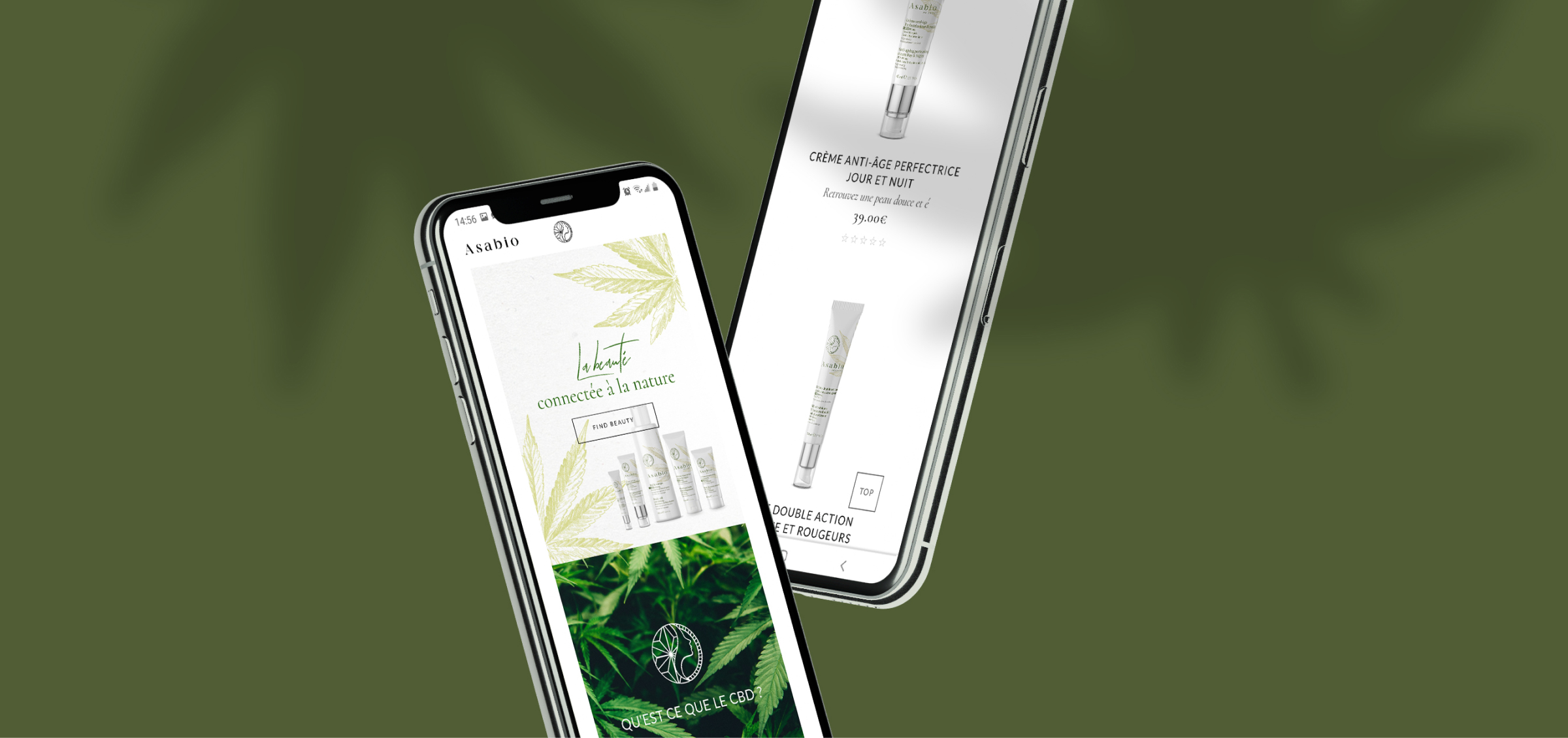 Deux smartphones affichent un site web de soins de la peau avec des visuels de feuilles vertes et des images de produits, reflétant une identité de marque cohérente sur un fond vert olive. L'un des téléphones affiche la page d'accueil des crèmes, l'autre la page détaillée d'une crème cosmétique.
