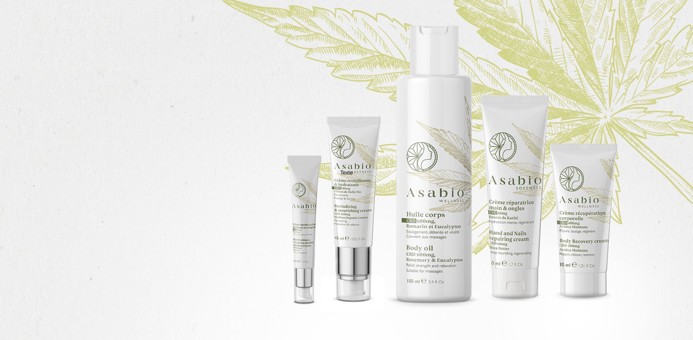 Cinq produits de soin Asabio blancs avec des motifs de feuilles vertes sont disposés en rangée, devant un fond pâle comportant une grande illustration de feuille pâle, reflétant l'identité de marque forte de la marque.
