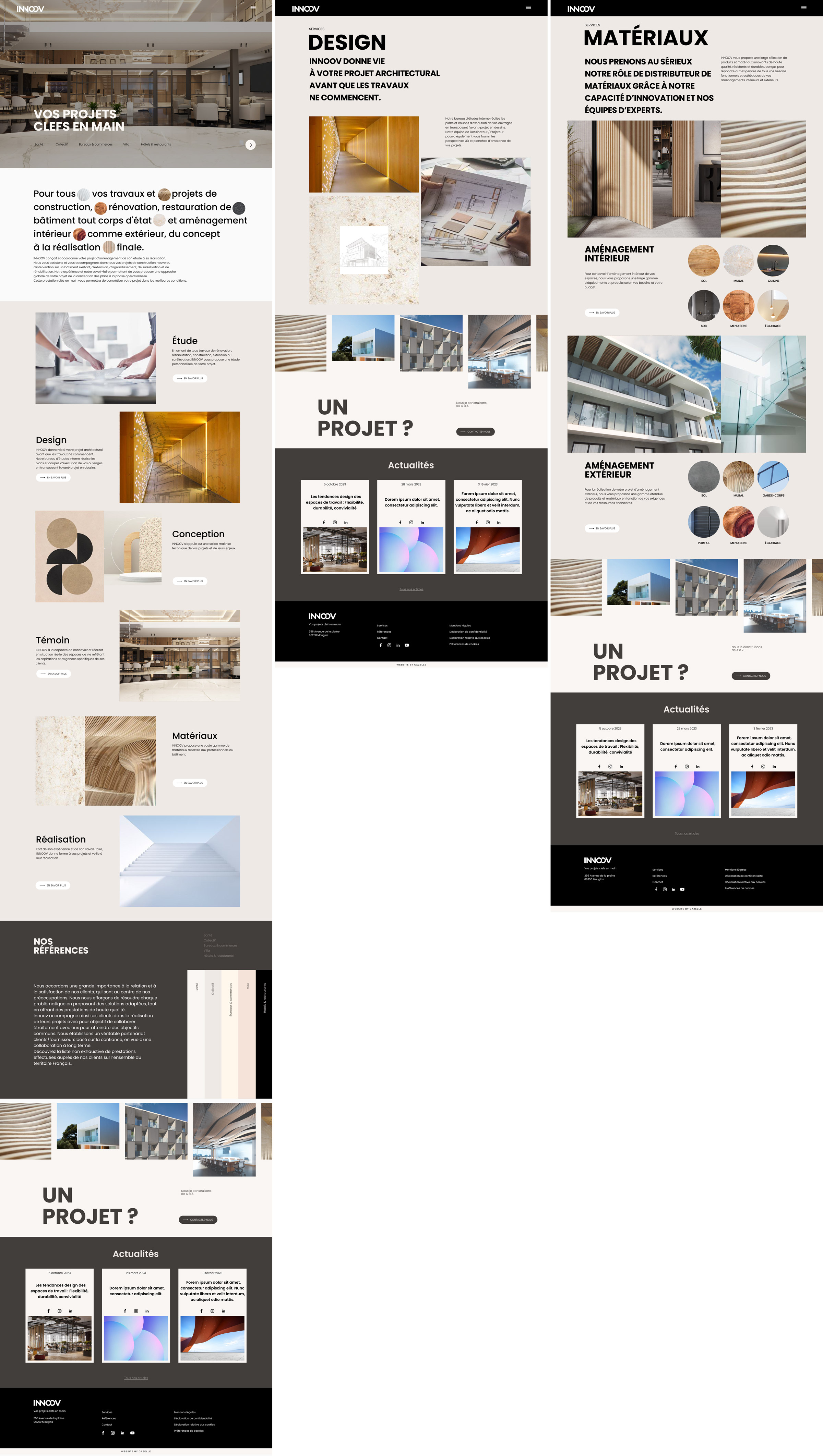 Site web d'un cabinet d'architecture d'intérieur et d'une agence de communication B2B, comprenant des sections sur le design, les matériaux, les projets, les références et un formulaire de contact. Inclut des photos d'intérieurs, des échantillons de matériaux et divers textes descriptifs en français.