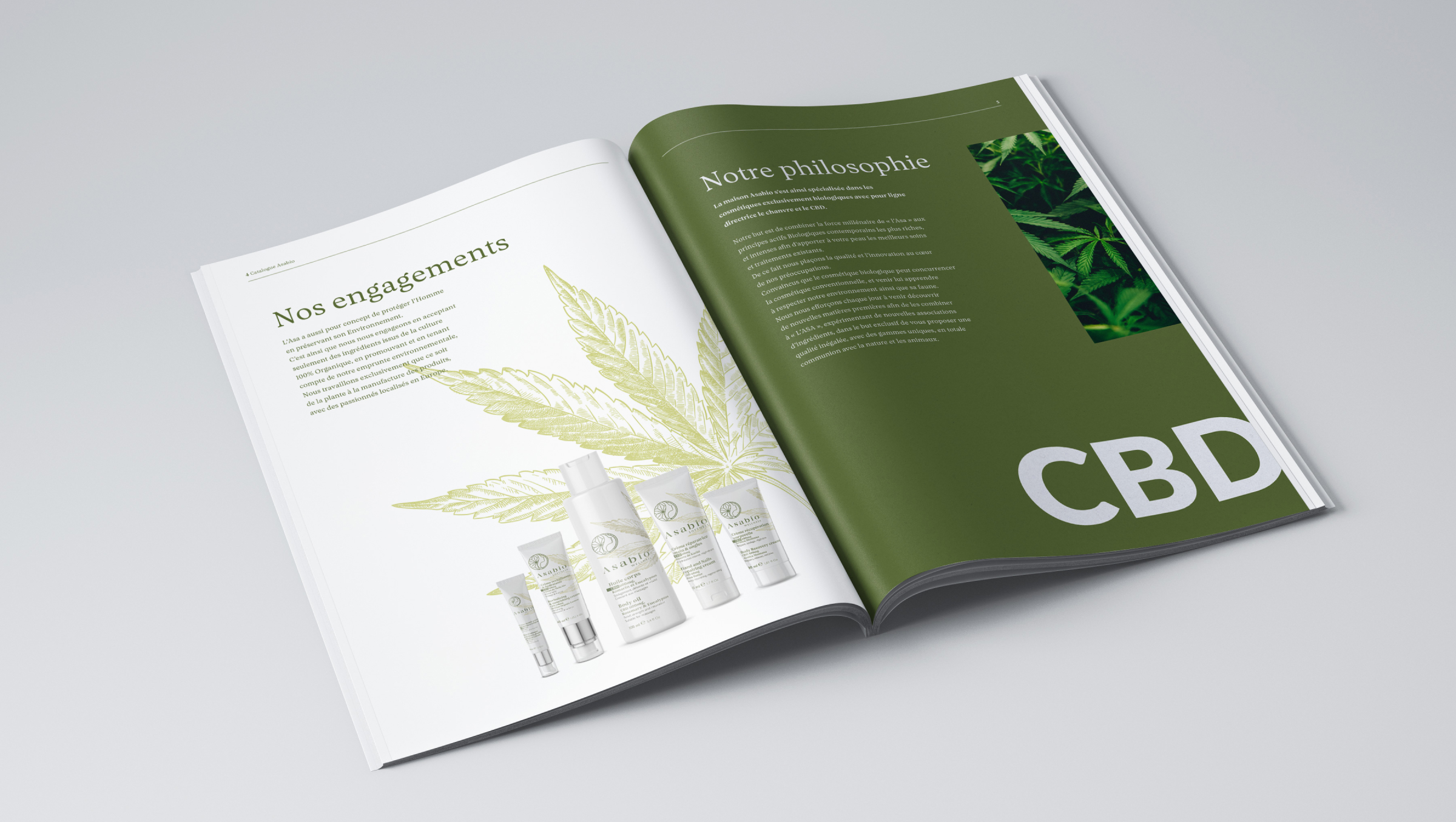 Un magazine ouvert présente des produits de soin CBD et une illustration de feuille de chanvre avec un texte en français, soulignant l'identité de la marque. Sur la page opposée, l'inscription "CBD" en gras sur fond vert et une photo de feuilles de chanvre renforcent l'identité de la marque.