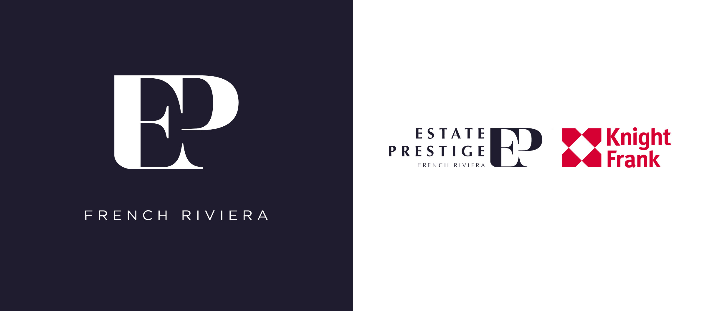 Une image divisée : le côté gauche montre un monogramme "EP" blanc au-dessus de "French Riviera" sur un fond sombre ; le côté droit affiche "ESTATE PRESTIGE FRENCH RIVIERA EP", le logo Knight Frank, et mentionne le développement de site web sur mesure sur un fond blanc.