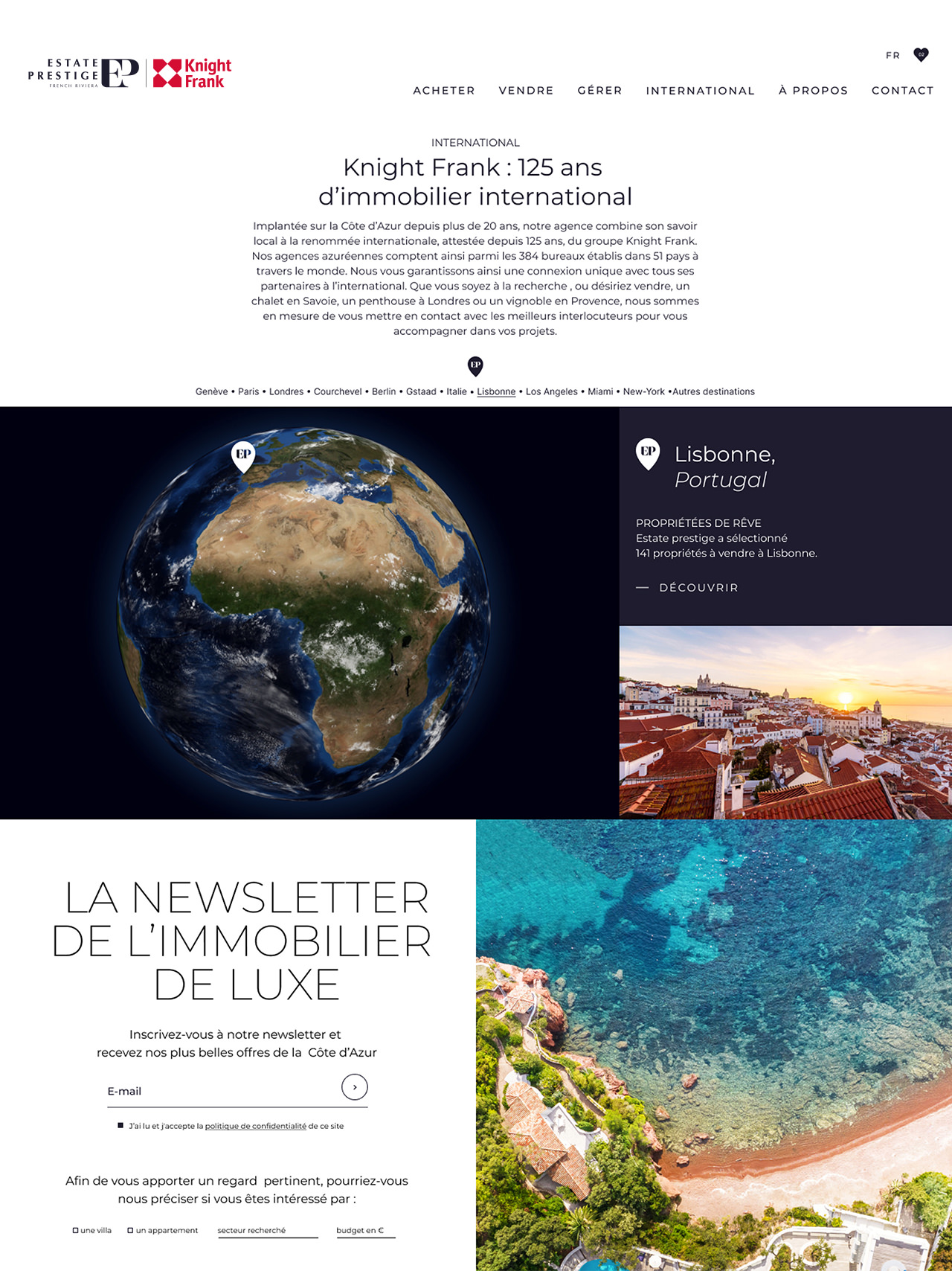 Une page web pour Estate Prestige Knight Frank présente l'immobilier de luxe international et Lisbonne, Portugal, avec des photos aériennes de la ville et de la côte. Découvrez notre Développement de site web sur mesure et abonnez-vous à notre newsletter sur l'immobilier de luxe.