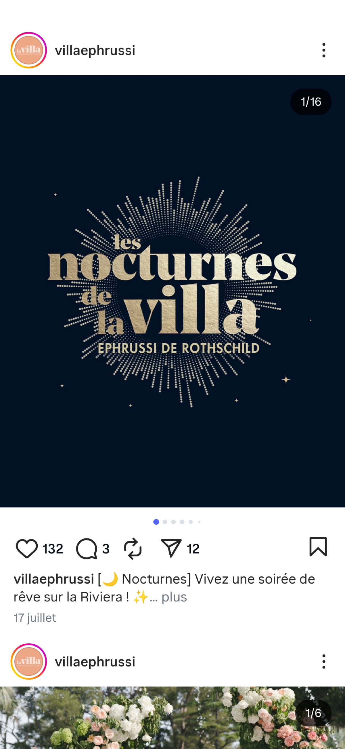 Un graphique avec des rayons étincelants dorés présente le texte "les nocturnes de la villa Ephrussi de Rothschild" sur un fond noir, promouvant un événement nocturne et mettant en valeur la création d'identité de marque. Les éléments de l'interface Instagram sont visibles.