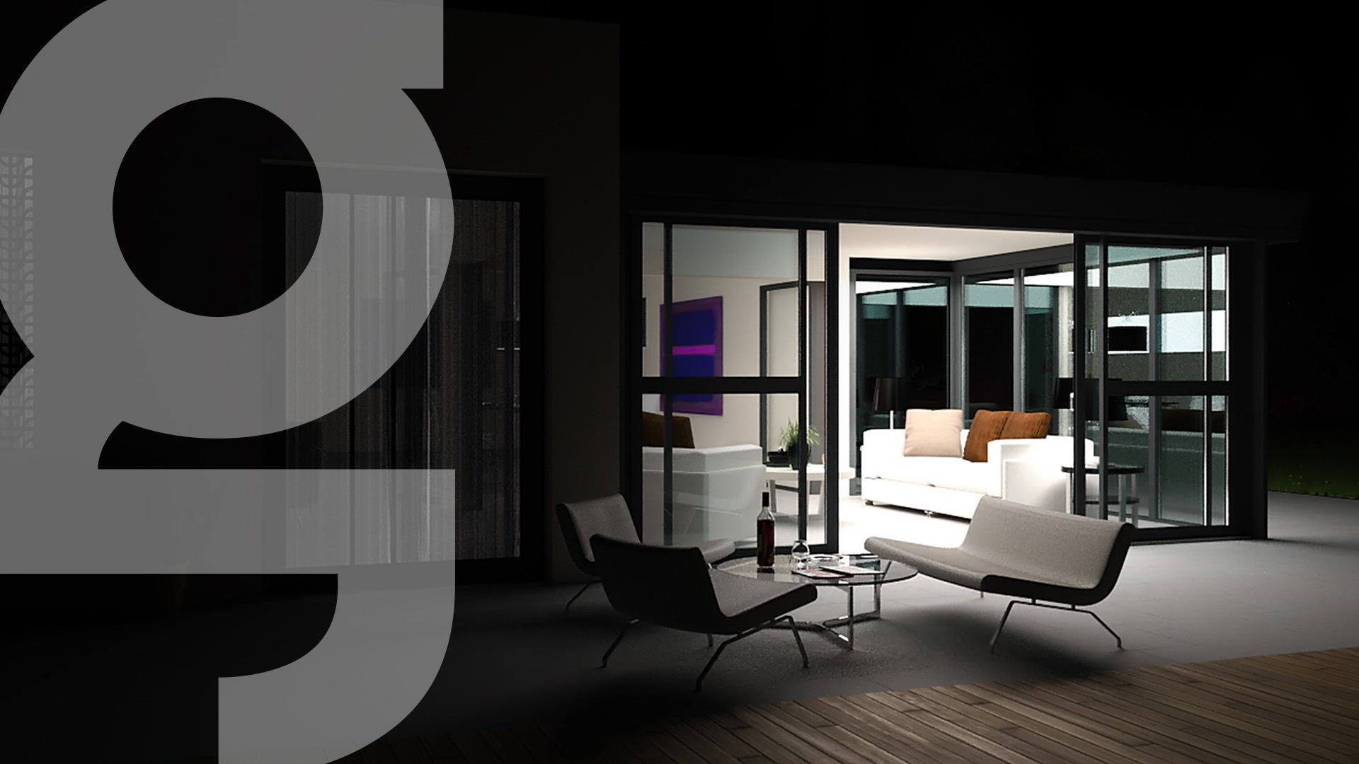 Terrasse moderne de nuit avec deux chaises longues blanches et une table basse en verre sur un sol gris, adjacente à un salon bien éclairé avec un canapé blanc. Un grand "g" translucide se superpose au côté gauche de l'image.