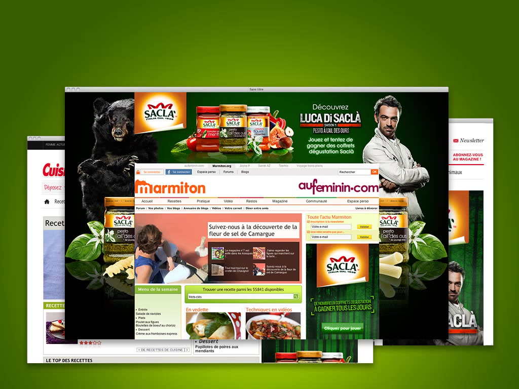 Un collage numérique de sites web et de publicités présente des produits alimentaires de la marque Saclà, un ours noir et un homme en blanc. L'arrière-plan est vert et divers pots de sauces et de pâtes à tartiner sont mis en évidence.