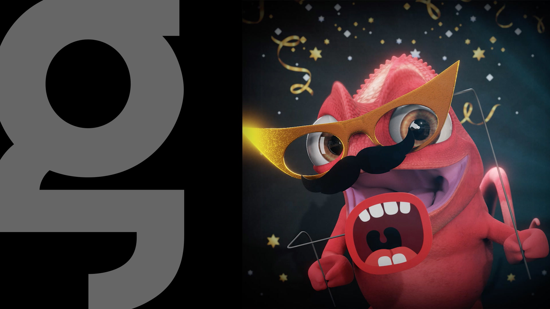 Un caméléon rose de dessin animé portant des lunettes surdimensionnées et une fausse moustache pose joyeusement sur un fond de fête avec des confettis et des serpentins dorés. Le côté gauche montre une partie d'un grand "g" minuscule gris sur un fond noir.