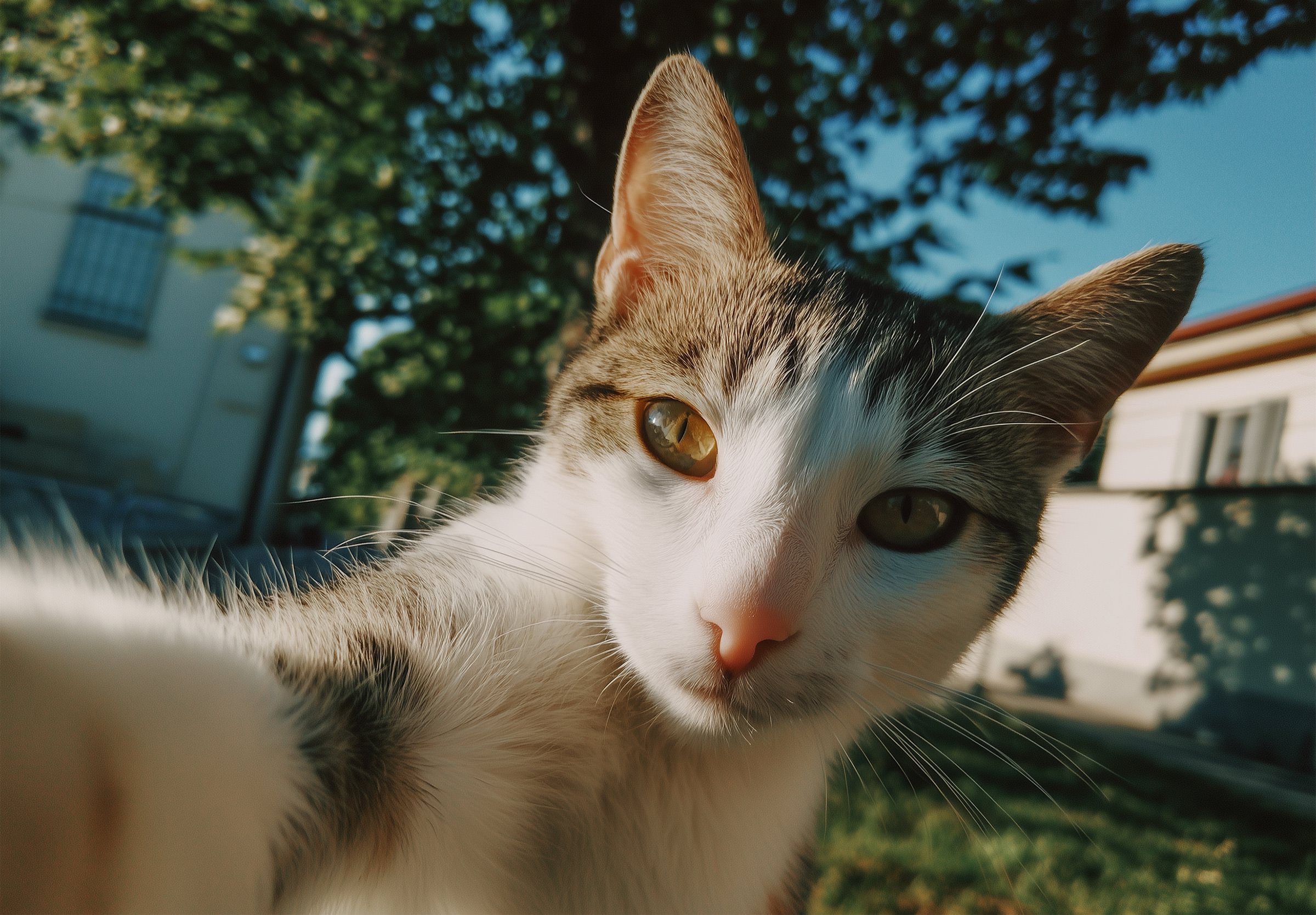 Gros plan sur un chat qui prend un selfie en plein air, la patte tendue vers l'appareil photo - à l'image du community management, il rassemble tout le monde. L'arrière-plan montre des arbres et une maison avec une mise au point douce sous une lumière du jour éclatante.