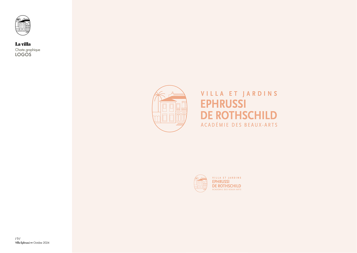 Logo pour "Villa et Jardins Ephrussi de Rothschild, Académie des Beaux-Arts" illustrant une création d'identité de marque : dessin linéaire d'une villa, palmier et texte élégant orange sur fond beige clair.