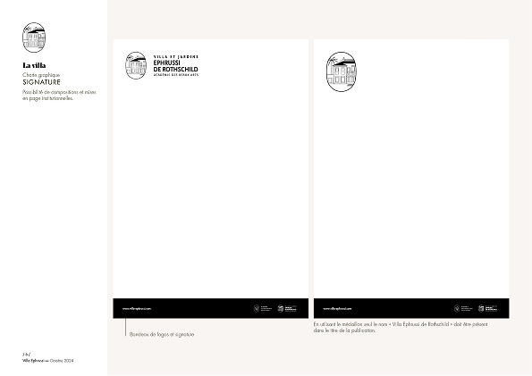 Modèle de document formel pour Création d'identité de marque avec deux sections principales, comportant le logo et le nom "Villa Ephrussi de Rothschild" en haut, des barres noires en bas de page, et un texte de remplacement en français sur fond blanc avec des bordures latérales beiges.