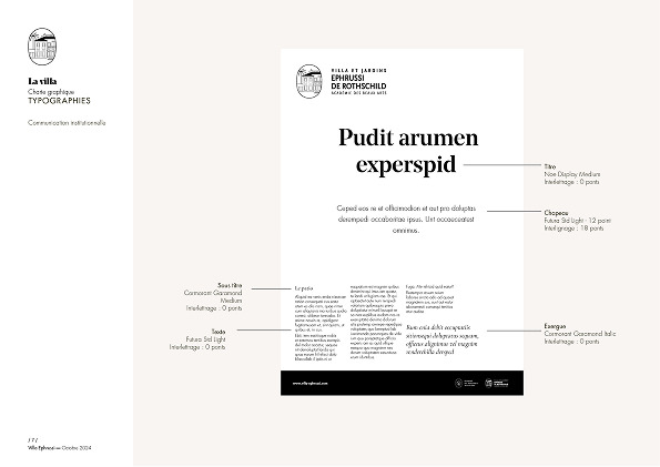 Guide typographique illustrant un exemple de mise en page pour la création d'une identité de marque, comprenant un texte de remplacement et spécifiant les styles, tailles et graisses de police pour les titres, sous-titres, légendes, corps de texte et légendes sur un fond blanc minimal.