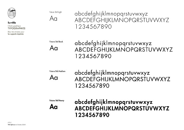 Une feuille de spécimens de caractères présente quatre graisses de la police Futura Std - Light, Book, Medium et Heavy - idéales pour la Création d'identité de marque, chacune affichant des échantillons de majuscules, de minuscules, de chiffres et de "Aa" dans différents styles.
