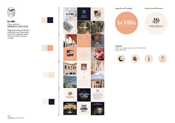 Un guide d'identité de marque pour les médias sociaux comprenant une grille de maquettes de posts Instagram, des échantillons de palette de couleurs beige, marine et pêche, des variations de logo et des échantillons de polices de caractères pour "la Villa" - parfait pour tout projet de création d'identité de marque.