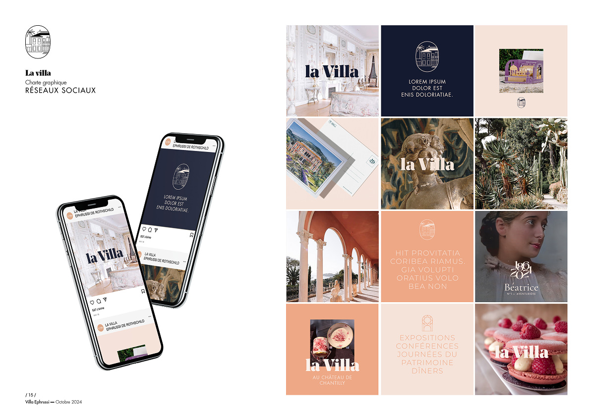 Une présentation numérique de la marque "La Villa" met en évidence la création d'une identité de marque, en présentant deux smartphones avec des messages sur les médias sociaux sur la gauche et une grille d'élégants graphiques et photos promotionnels aux couleurs pastel sur la droite.