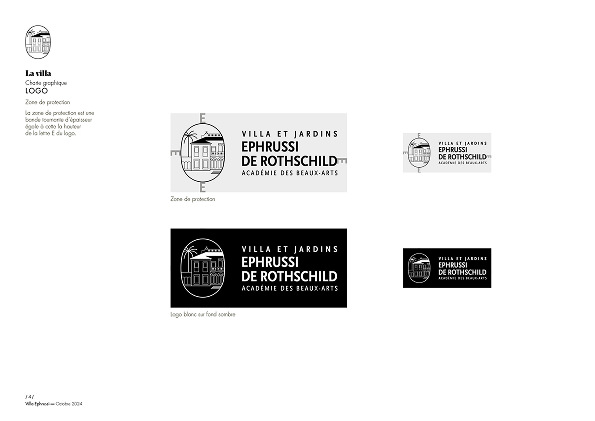 Une feuille de logo pour la Villa Ephrussi de Rothschild présentant la Création d'identité de marque avec différentes versions et zones de protection, y compris des variantes en noir et blanc et en couleur, des éléments de texte et une illustration de la villa.