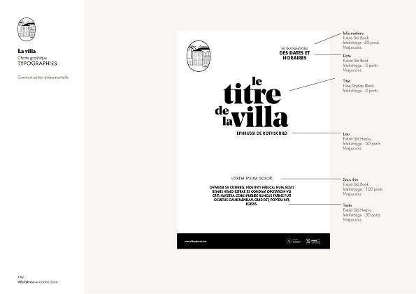 Un guide de mise en page typographique présentant du texte français noir dans différentes polices et tailles sur fond blanc, avec des étiquettes indiquant les en-têtes, les dates, les noms et le corps du texte - parfait pour les projets de création d'identité de marque.